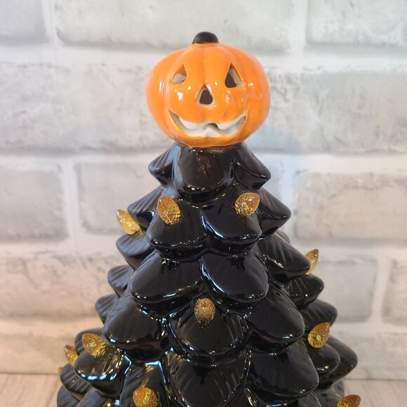 Halloween Ceramic Lighted Tree Pumpkin Jackolantern Black Orange Holiday Decor - Picture 9 of 12
